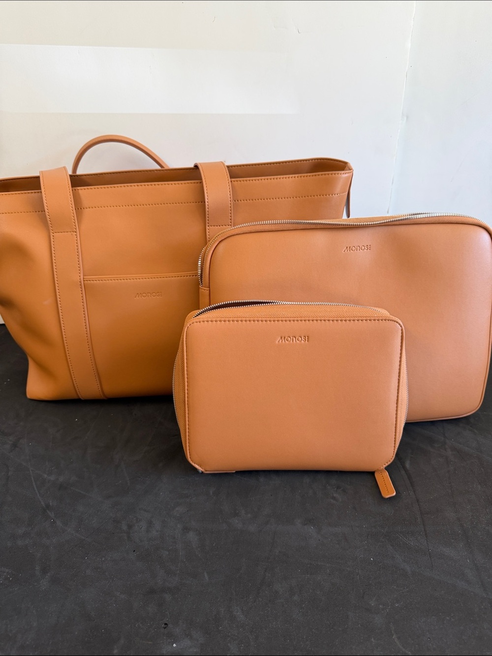 Tan Leather Travel Tote with Laptop Case and Tech Pouch